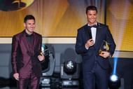 ZURICH, SWITZERLAND - JANUARY 12: FIFA Ballon d'Or nominees Lionel Messi of Argentina and FC Barcelona  (L) and Cristiano Ronaldo of Portugal and Real Madrid smile during the FIFA Ballon d'Or Gala 2014 at the Kongresshaus on January 12, 2015 in Zurich, Switzerland. (Photo by Philipp Schmidli/Getty Images)
